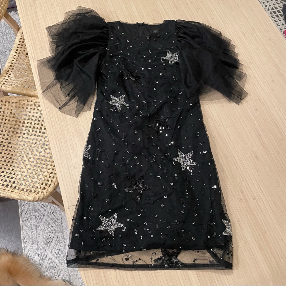 Aidan Mattox Black Silver Sequin star beaded celestial tulle Puff Sleeve Dress